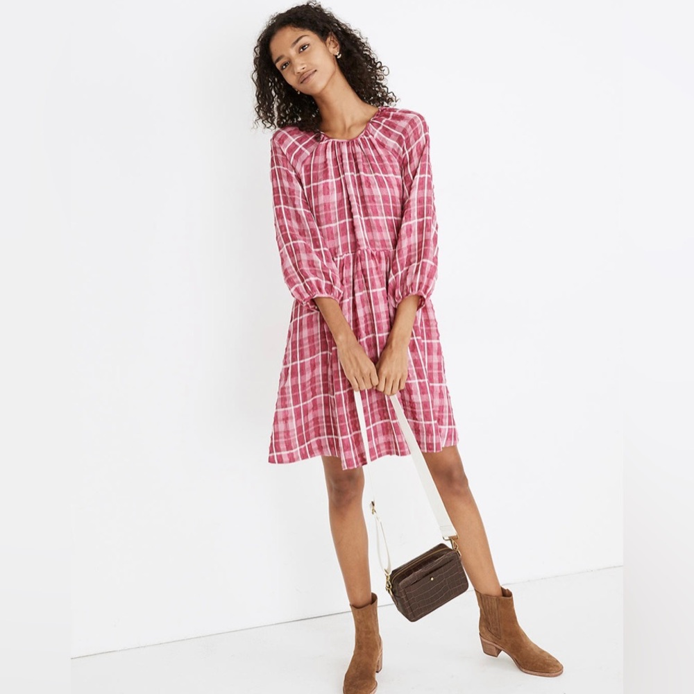 Madewell Pink Plaid Shirred Babydoll Mini Dress NWT M